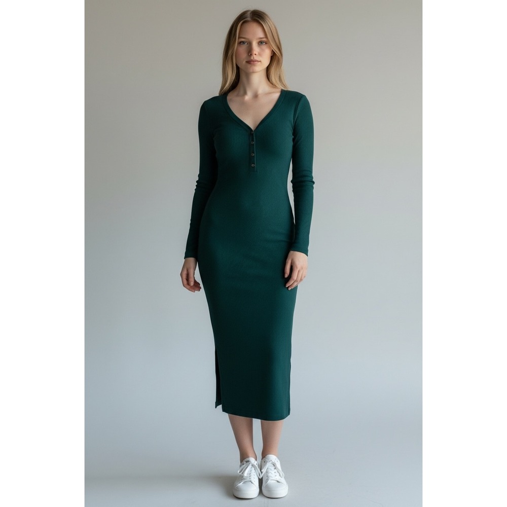 Old Navy Womens Ribbed Henley Midi Dress Emerald Green Long Sleeve 419413-05